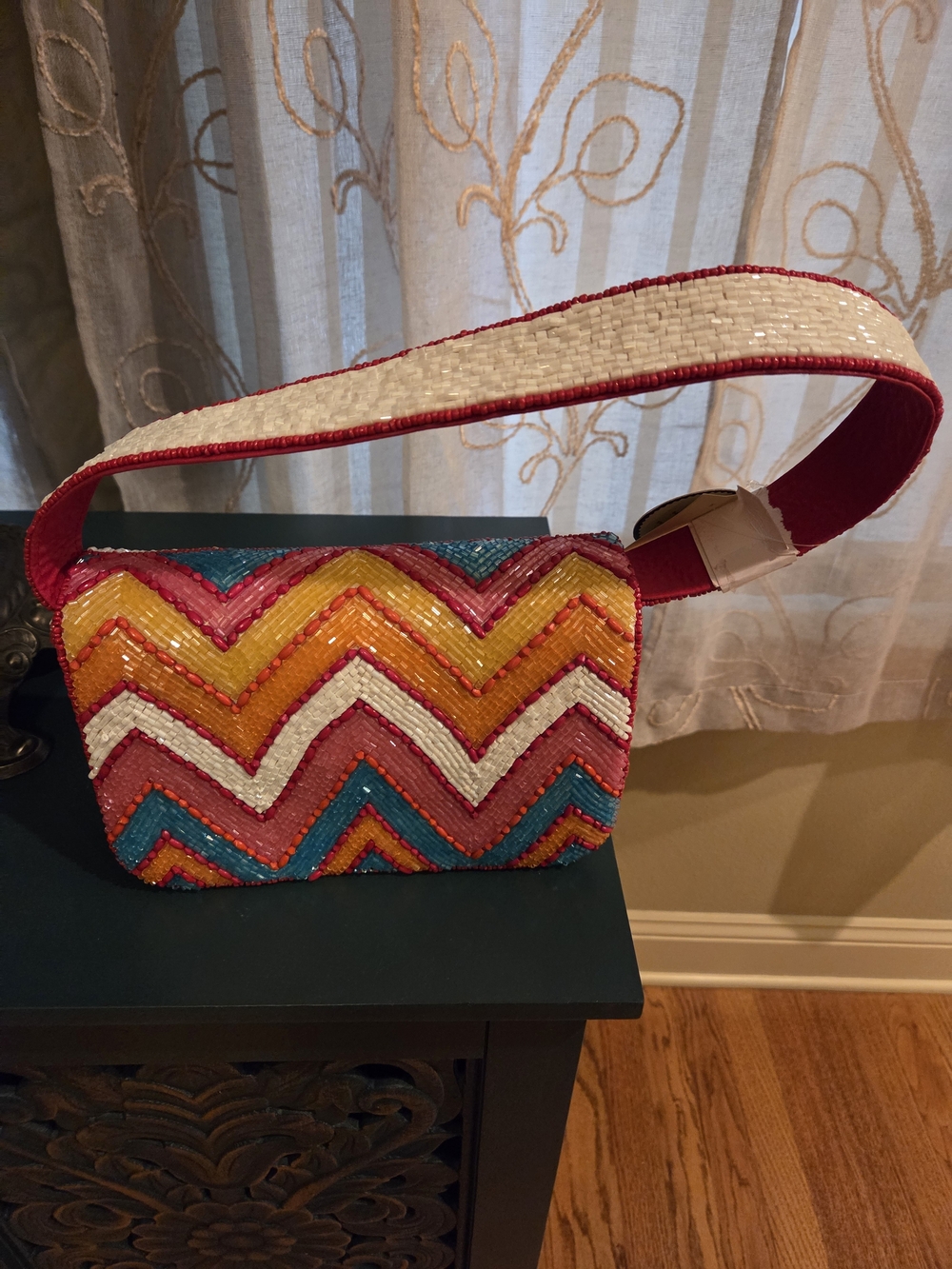Viral Beaded Colorful Chevron Beaded Shoulder Bag - Red, Pink, Orange - Picture 7 of 8
